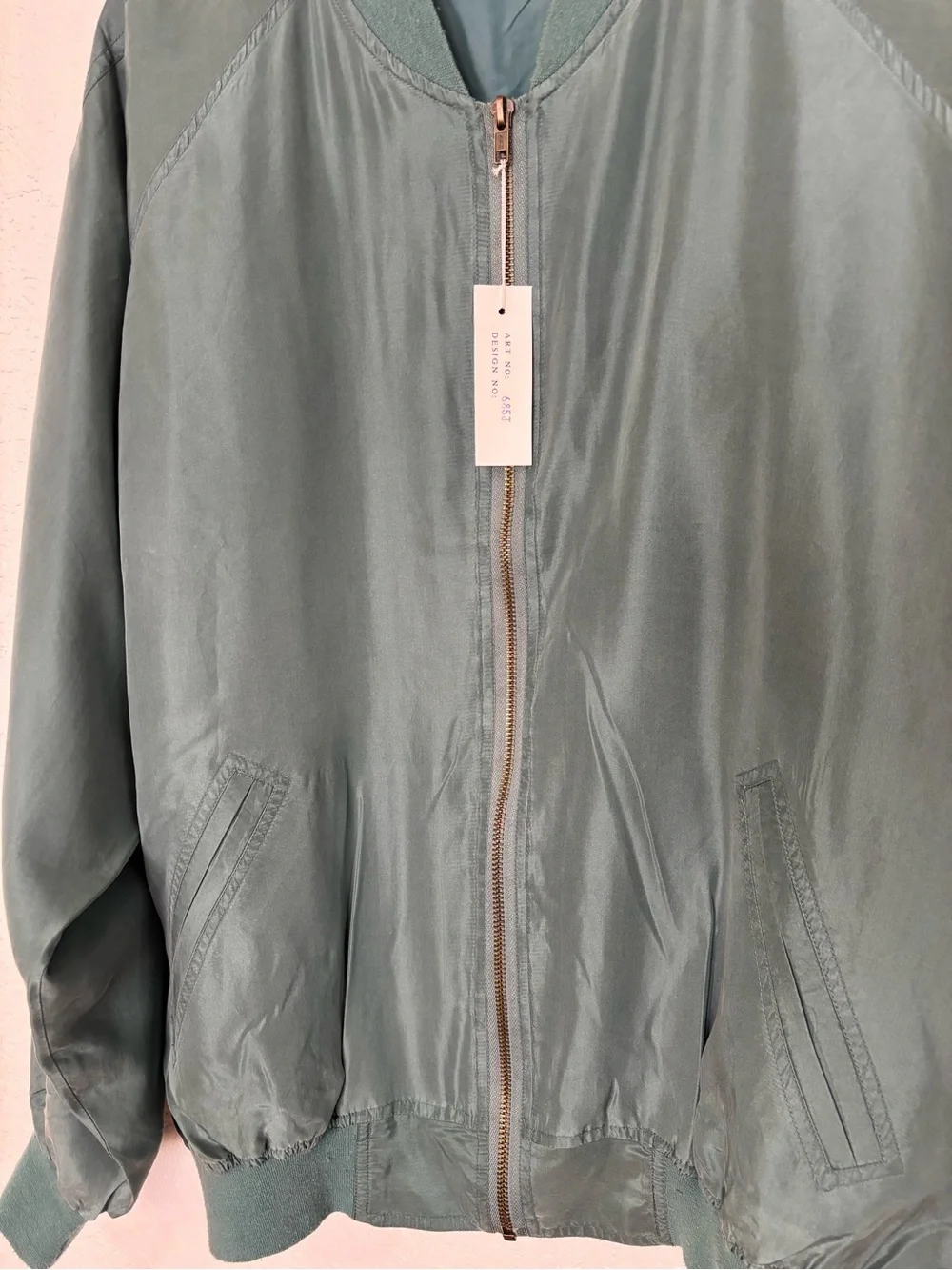 Vintage NWT 90s Snow 100% Washed Silk Bomber Jacket Mens Large Sage Green